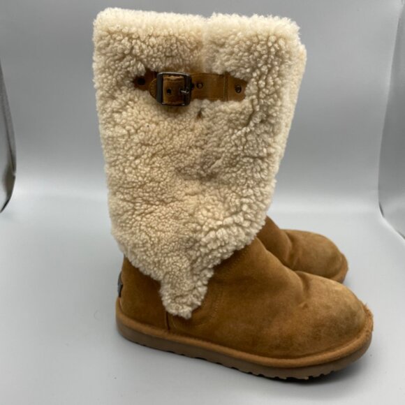 Ugg Women's 8 Katerina Tall Sherpa Suede Boots Winter Chestnut Brown Zipper - Picture 2 of 9